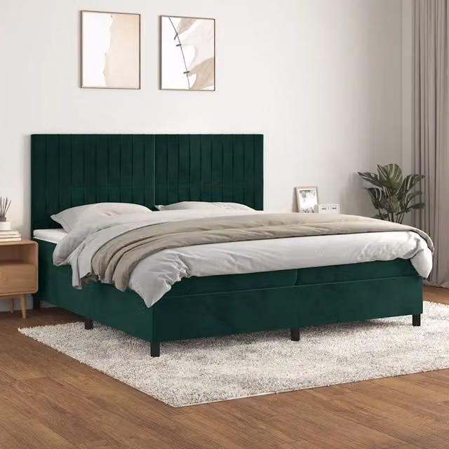 Letto Ibrido vidaXL in Velluto Verde Scuro e Bianco con Materasso a Molle L: 200 cm, P: 200 cm, H: 128 cm