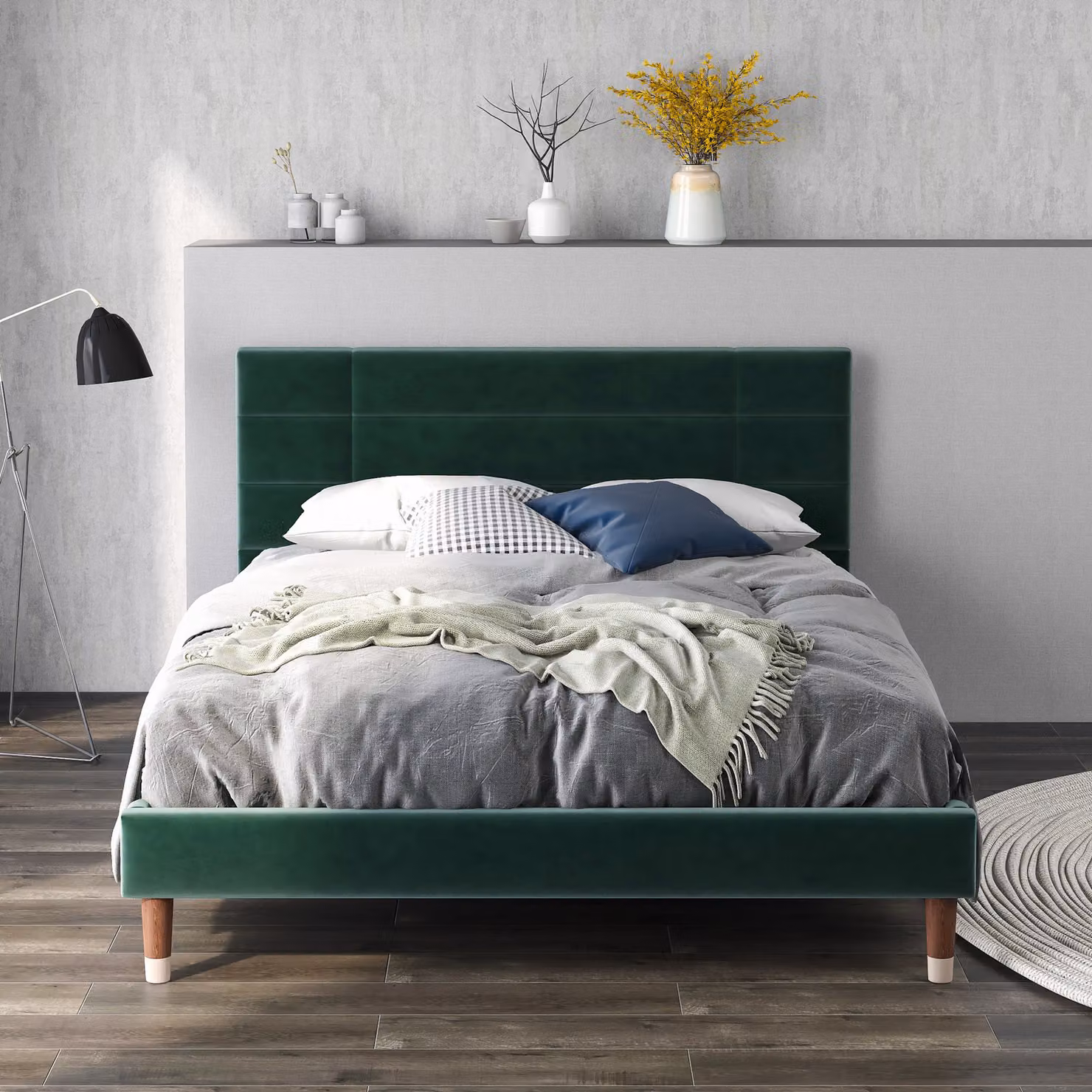Letto imbottito Merax 140x200cm con rete a doghe e testiera，Letto giovane telaio letto matrimoniale in velluto, verde scuro
