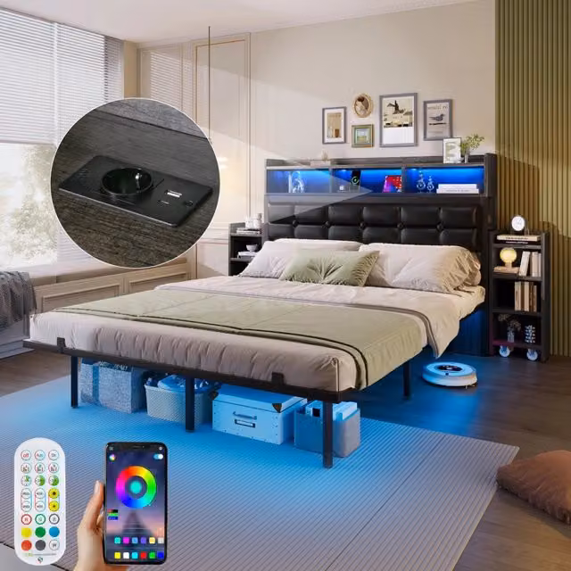Letto matrimoniale 140x190 cm con rete a doghe e testiera, 2 comodini estraibili, vani portaoggetti, ricarica smartphone (Type-C e USB), LED - Grigio