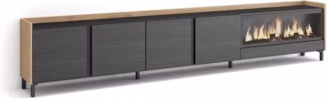 Mobile TV Soggiorno, 315x61x35 cm, Per TV fino a 80", Camino elettrico XXL, Design industriale, Nero e rovere