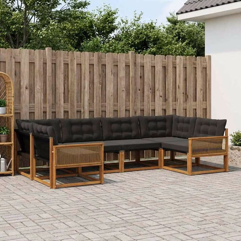 Set di divani da esterno vidaXL a forma di L composto da 6 pezzi in legno di acacia e textilene, colore marrone e nero