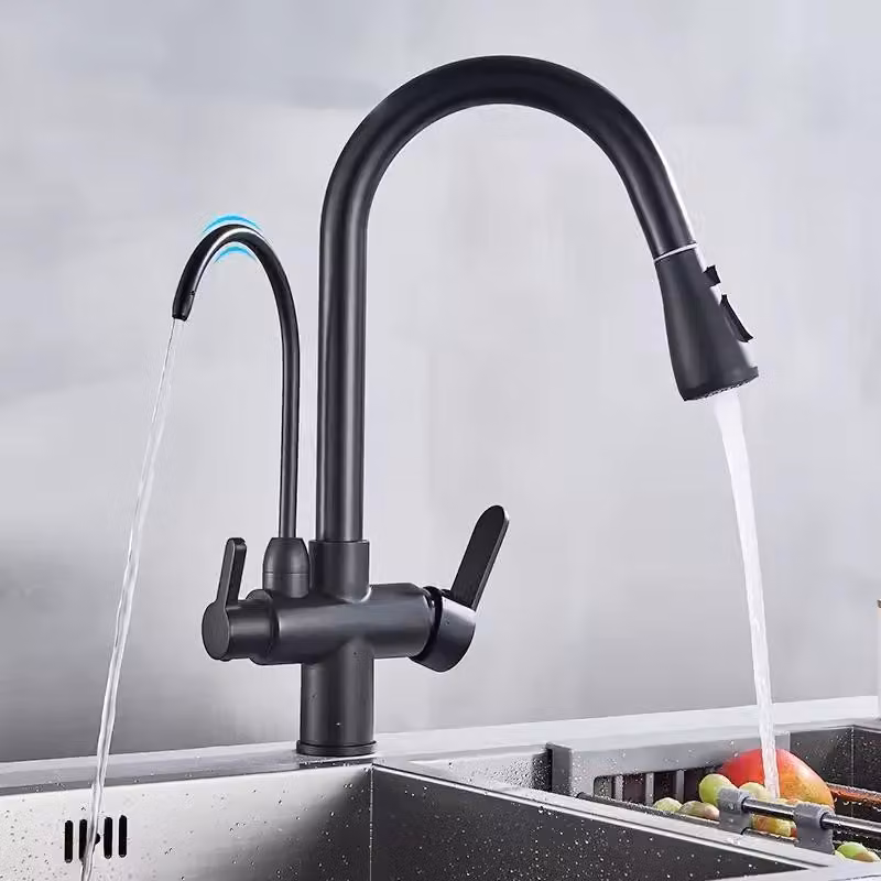 Rubinetto da cucina con filtro - Miscelatore per lavello - Rotazione a 360° - Tubo flessibile estraibile - Rubinetto per acqua calda e fredda - Acciaio inossidabile - Nero