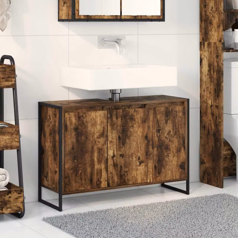 Mobile da bagno vidaXL in stile industriale, colore quercia fumosa, L: 90 cm, P: 30 cm, H: 60 cm