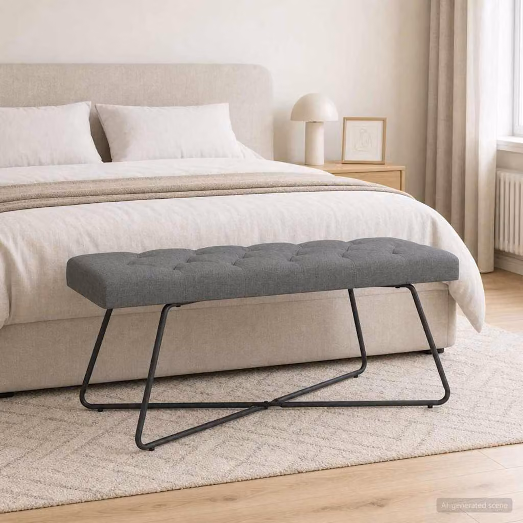 Panchina moderna vidaXL con bottoni imbottiti in tessuto grigio, L 110 x P 40 x H 46 cm