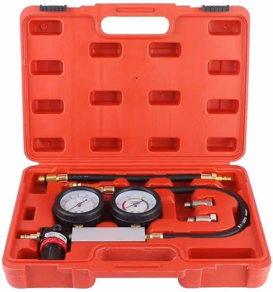 Tester di compressione con doppio manometro 0-7 bar/0-100 psi - Tester di tenuta del cilindro - Kit per il monitoraggio delle perdite - Adatto per motori a benzina - con rivestimento protettivo in gomma