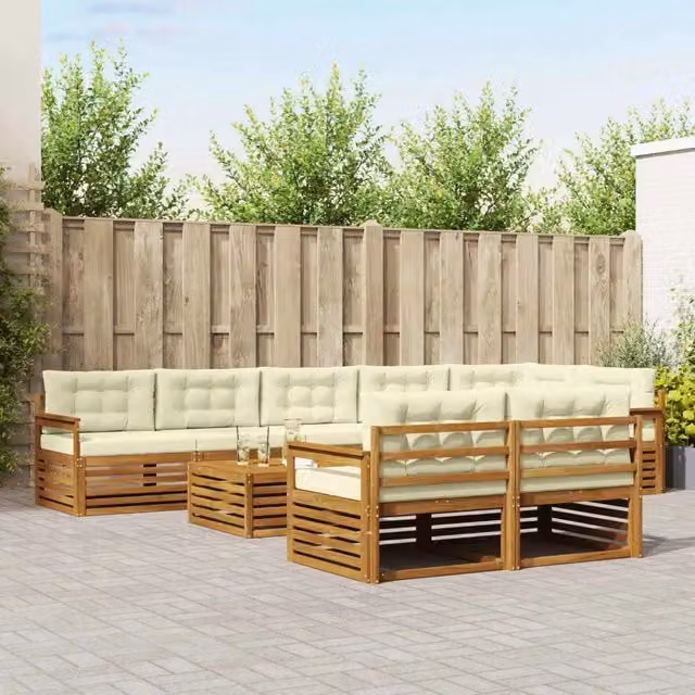 Set di divani da esterno a L con tavolino vidaXL in legno di acacia, 9 pezzi, beige e bianco