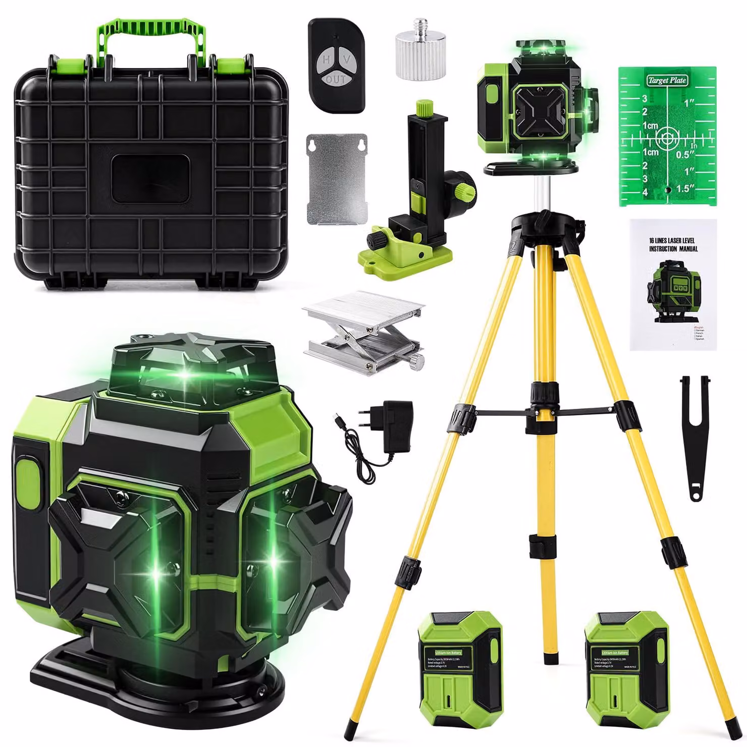 Livella laser a croce 4D con 16 linee, colore verde, copertura a 360°, con controllo tramite app