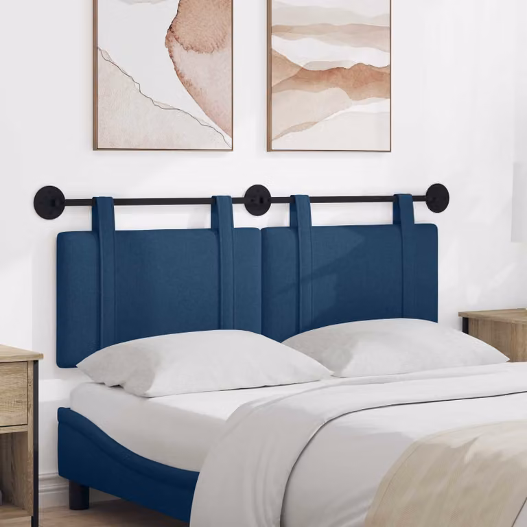 Testiera per letto sospesa vidaXL in tessuto blu con struttura in legno e pannello imbottito, L: 130 cm, H: 55 cm, P: 5,89 cm