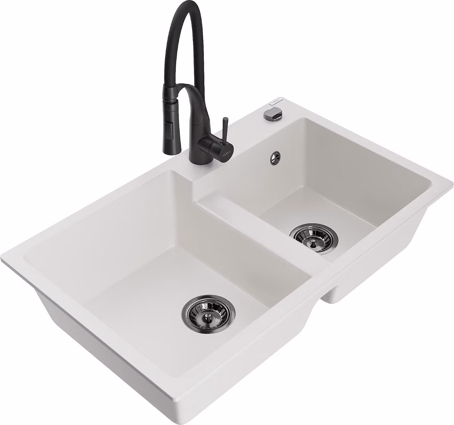 Mexen Tomas lavello in granito a 2 vasche con miscelatore cucina Aster, bianco - 6516-20-73450-70-B
