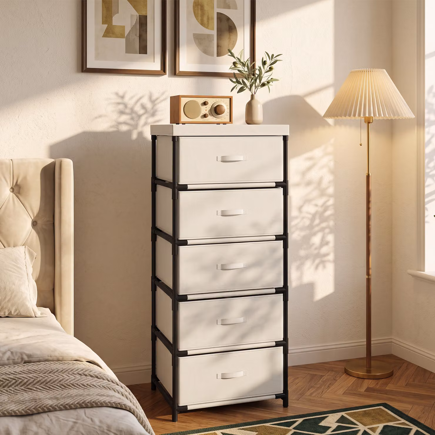 Cassettiera HOMCOM con 5 cassetti in tessuto e struttura in acciaio, beige – 2
