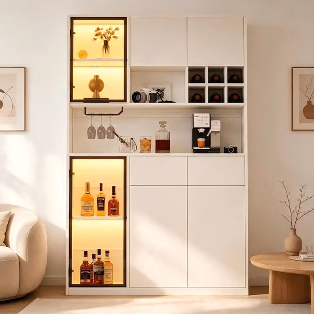 Vetrina alta con illuminazione LED 120 x 33 x 200 cm; 6 ante 2 cassetti; truciolare bianco e vetro temperato