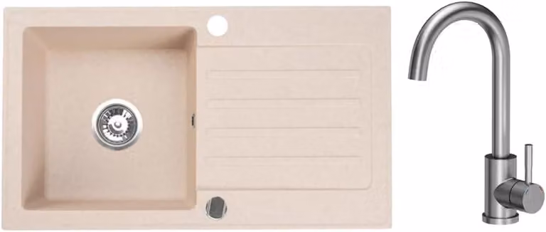 VBChome Lavello in granito 76 x 44 cm Beige con rubinetto Lavello da incasso a vasca singola Reversibile Speckled Lavello di facile manutenzione con sifone