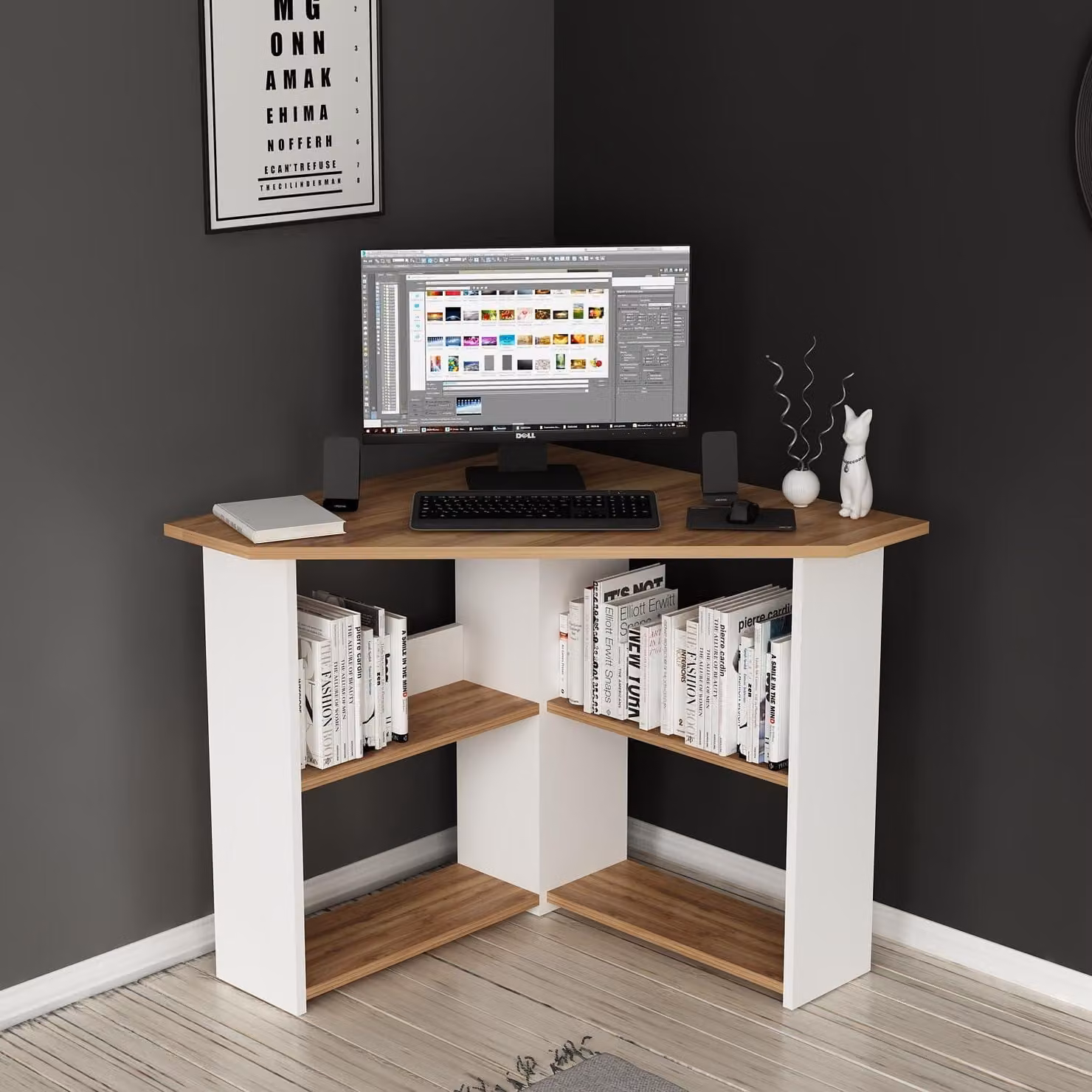 HOMIDEA Corner: scrivania angolare a forma di L – Scrivania moderna con ripiani per l'ufficio, lo studio e l'home office (noce/bianco)