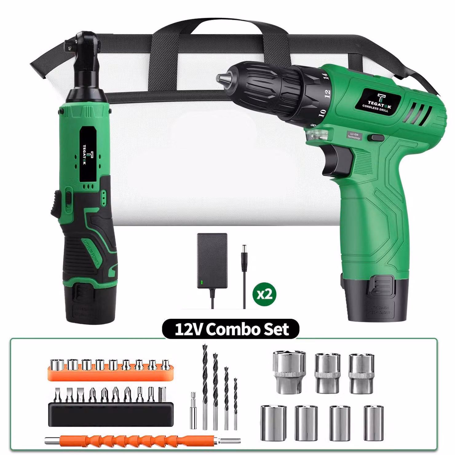Set di trapano a batteria da 12V e chiave dinamometrica - Trapano a batteria - Chiave a cricchetto - Avvitatore - Chiave dinamometrica