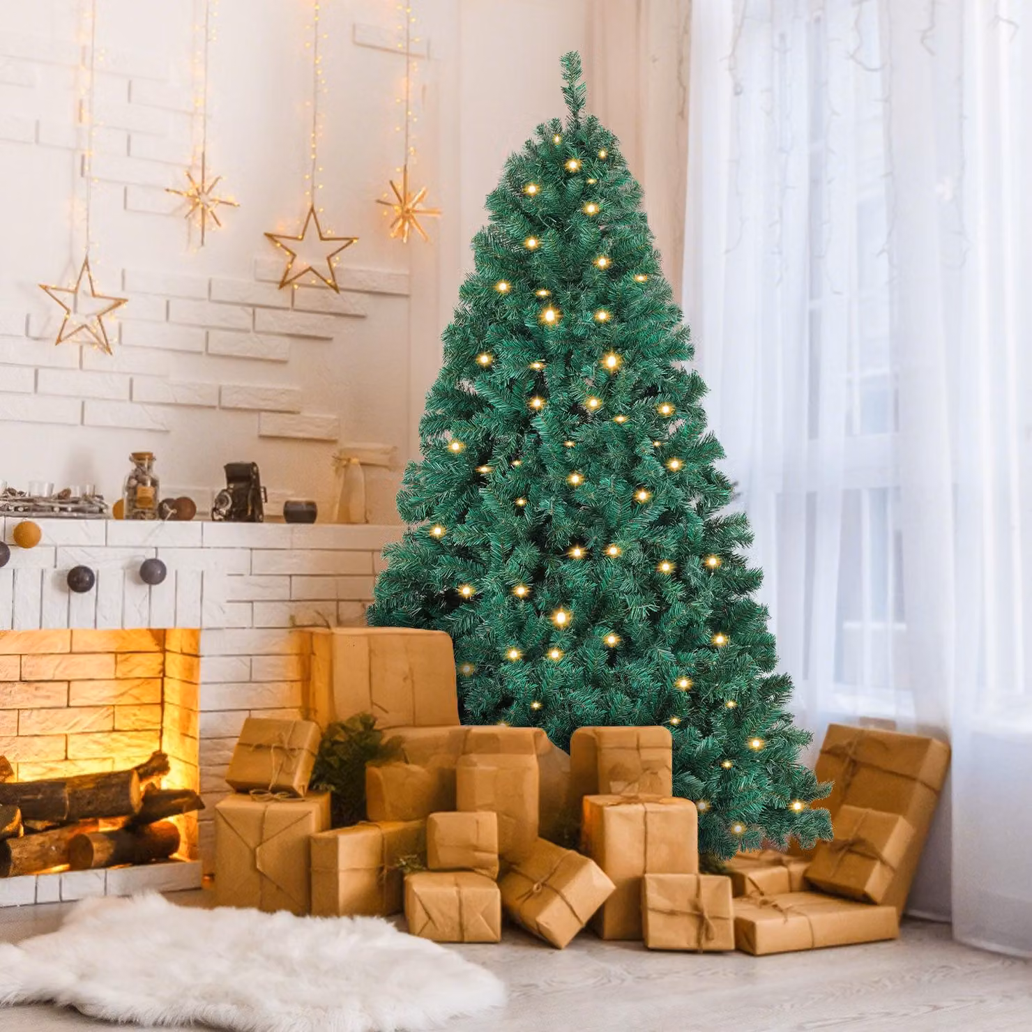 Albero di Natale artificiale Ikodm, altezza 120 cm, con 150 LED bianco caldo, 340 rami, realizzato in PVC e metallo, con rami che si aprono automaticamente, colore verde