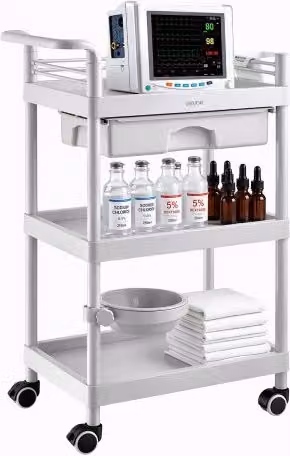 VEVOR Carrello Medico a Tre Ripiani con Cassetto Portata 50 kg e Rotelle, per Cliniche Ospedali Saloni di Bellezza Laboratori, con Contenitore Portaoggetti e Vassoio per Rifiuti, Struttura Stabile
