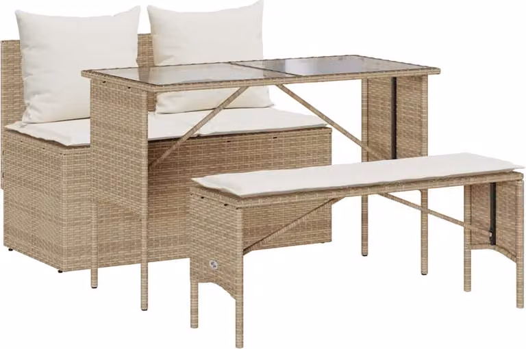 Set da Pranzo da Giardino 3 pz con Cuscini Beige in Polyrattan