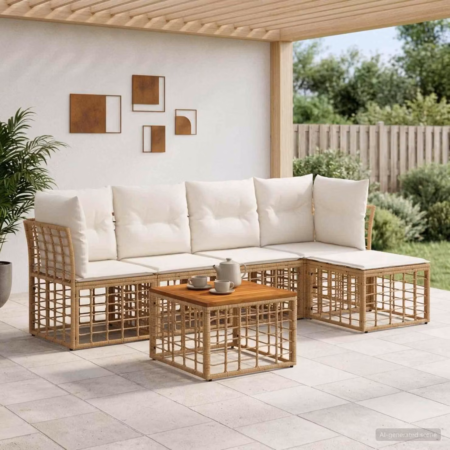 Maison Exclusive - Set da esterno per divano, 6 pezzi. Tessuto in poliestere, colore naturale e bianco crema