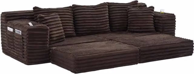 Divano letto modulare 273x98x87 cm in velluto a coste con tasche e portabevande; marrone caffè