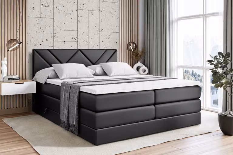 Letto boxspring ALTDECOR con 2 materassi e topper - 180x200 cm - BARWA KING - Pelle finta nera - Letto imbottito con materassi H3 e H4, contenitore e rete a doghe, letto con spazio contenitivo