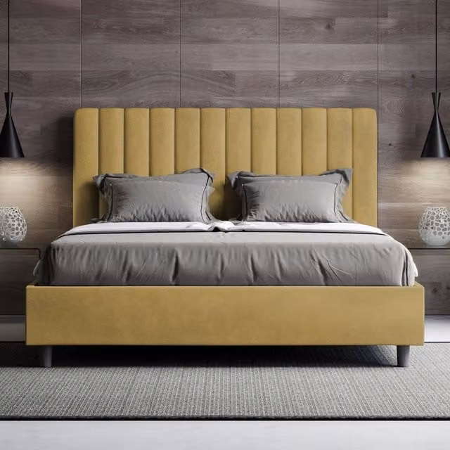 Ityhome Letto matrimoniale king size Agueda con contenitore imbottito in microfibra, colore ocra, L 170 cm x P 200 cm
