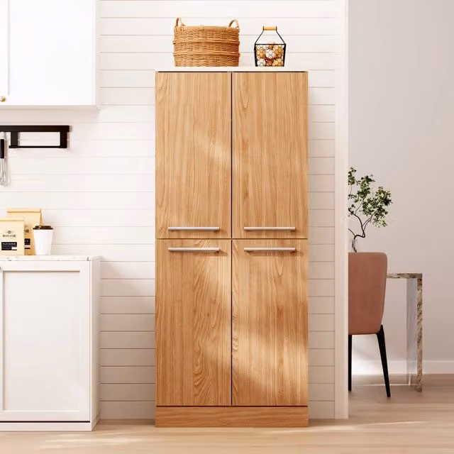 Mobile dispensa FOLYNA per cucina con 4 ante e ripiani regolabili, bianco e rovere, L: 76 cm, P: 42 cm, H: 180 cm