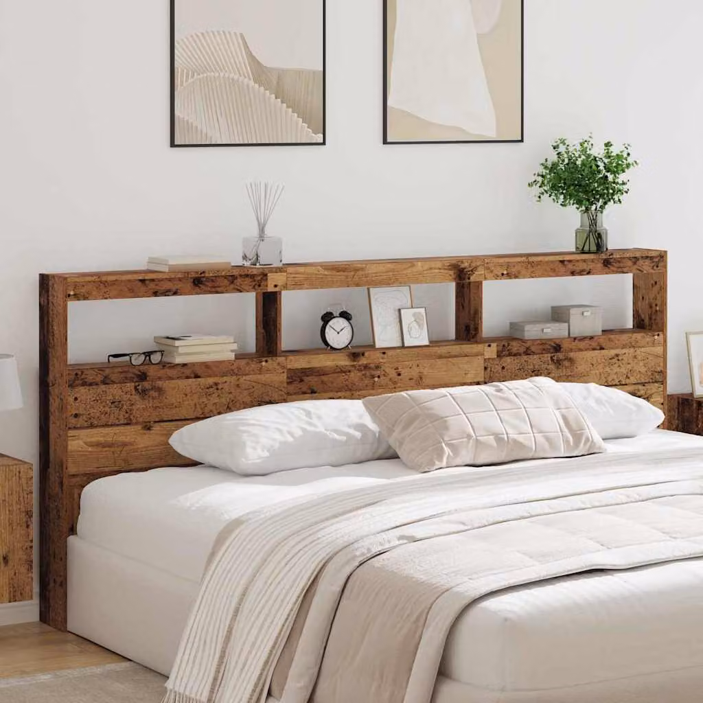 Testiera per letto moderna vidaXL in legno ingegnerizzato marrone con illuminazione integrata, porta di ricarica USB e mensola portaoggetti, L: 220 cm, H: 102 cm, P: 26 cm