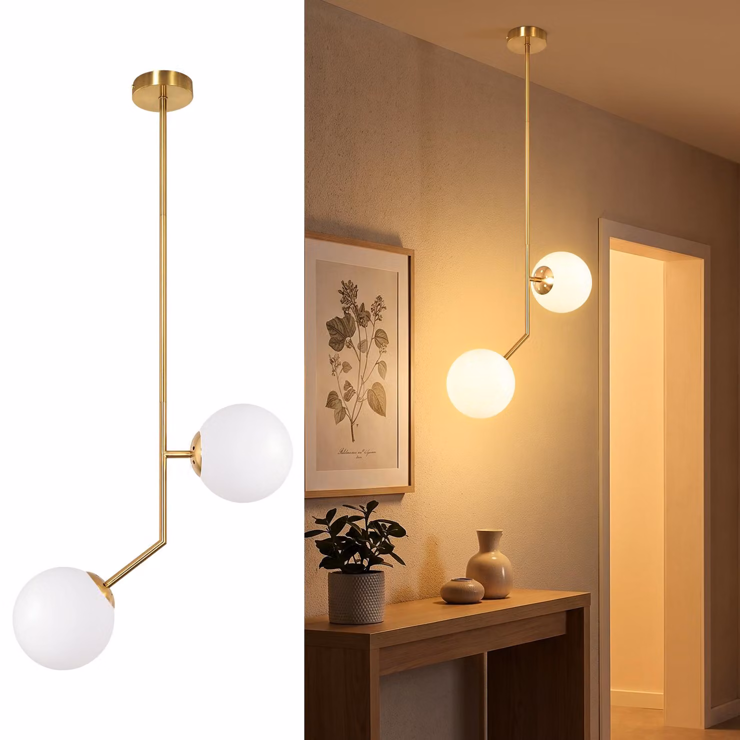 Lampada a sospensione ZMH, 2 luci, attacco G9, vetro opale, ideale per la sala da pranzo, design moderno, finitura dorata, adatta per soggiorno, sala da pranzo, camera da letto