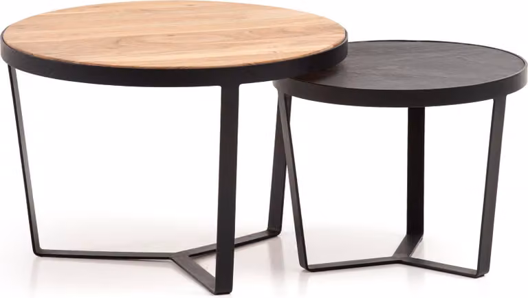 Set di 2 tavolini in legno massiccio di acacia/pietra nel soggiorno rotondo | Wohnling