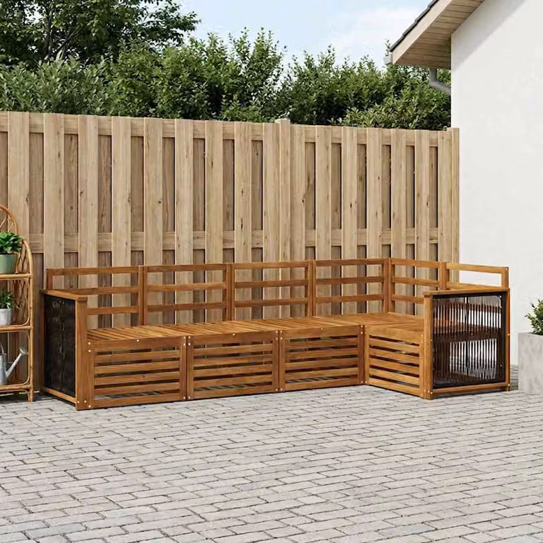 Set di divani da esterno vidaXL a forma di L in legno di acacia con cuscini bianchi e marroni