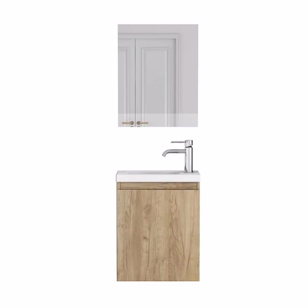 Mobile sottolavabo salvaspazio a parete Minimal con lavabo e specchio, bianco effetto legno rovere, design senza maniglie e ante soft-close – 2