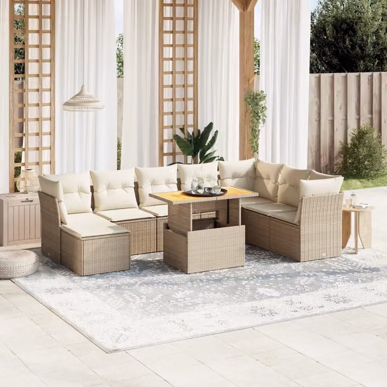 vidaXL Set Divano da Giardino 9 pz in Polyrattan Beige con Cuscini e Tavolino
