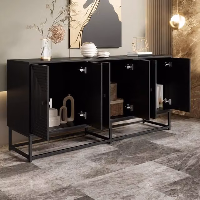 Mobile da soggiorno nero opaco con 3 doppie ante, ampio spazio contenitivo, 160x38x75,5 cm