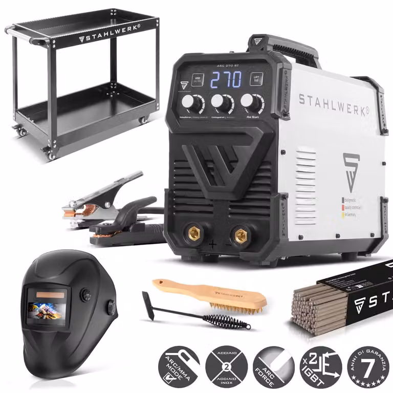 Saldatrice ad elettrodo STAHLWERK ARC-270 ST - completamente attrezzata con carrello - MMA (elettrica manuale) fino a 270 A, saldatura senza gas, inverter Lift-TIG 400 V
