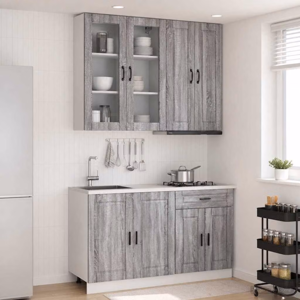 Set di mobili da cucina moderna vidaXL PORTO in 4 pezzi, colore grigio, con ante in vetro e ripiani interni, in legno ingegnerizzato MDF
