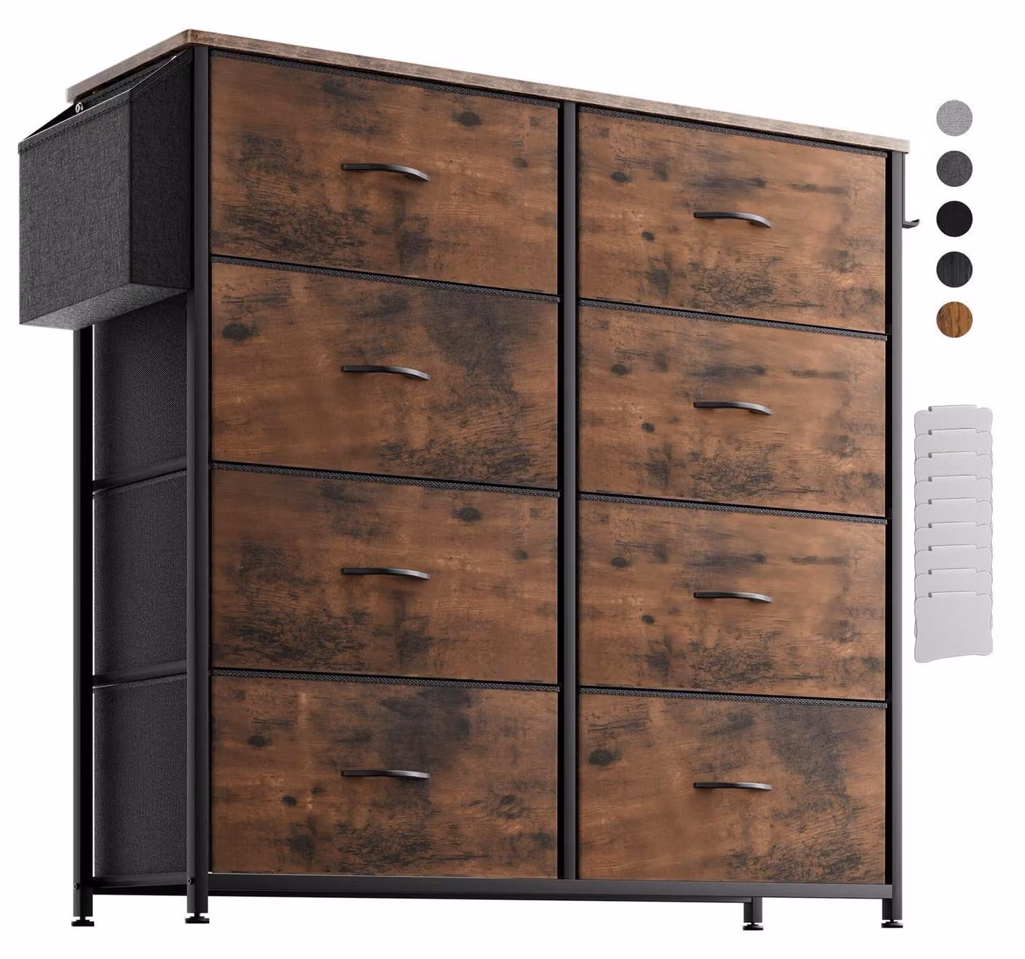 Comodino con 8 cassetti rivestiti in tessuto, colore marrone rustico, dimensioni 85B x 97H cm