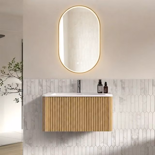 Mobile sottolavabo sospeso con lavabo integrato e specchio LED antiappannamento per bagno finitura rovere in MDF