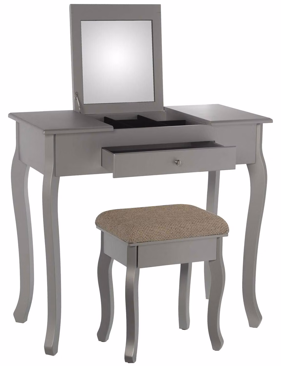 Comò da trucco con specchio e panca, in legno, 80x40x74 cm, color argento