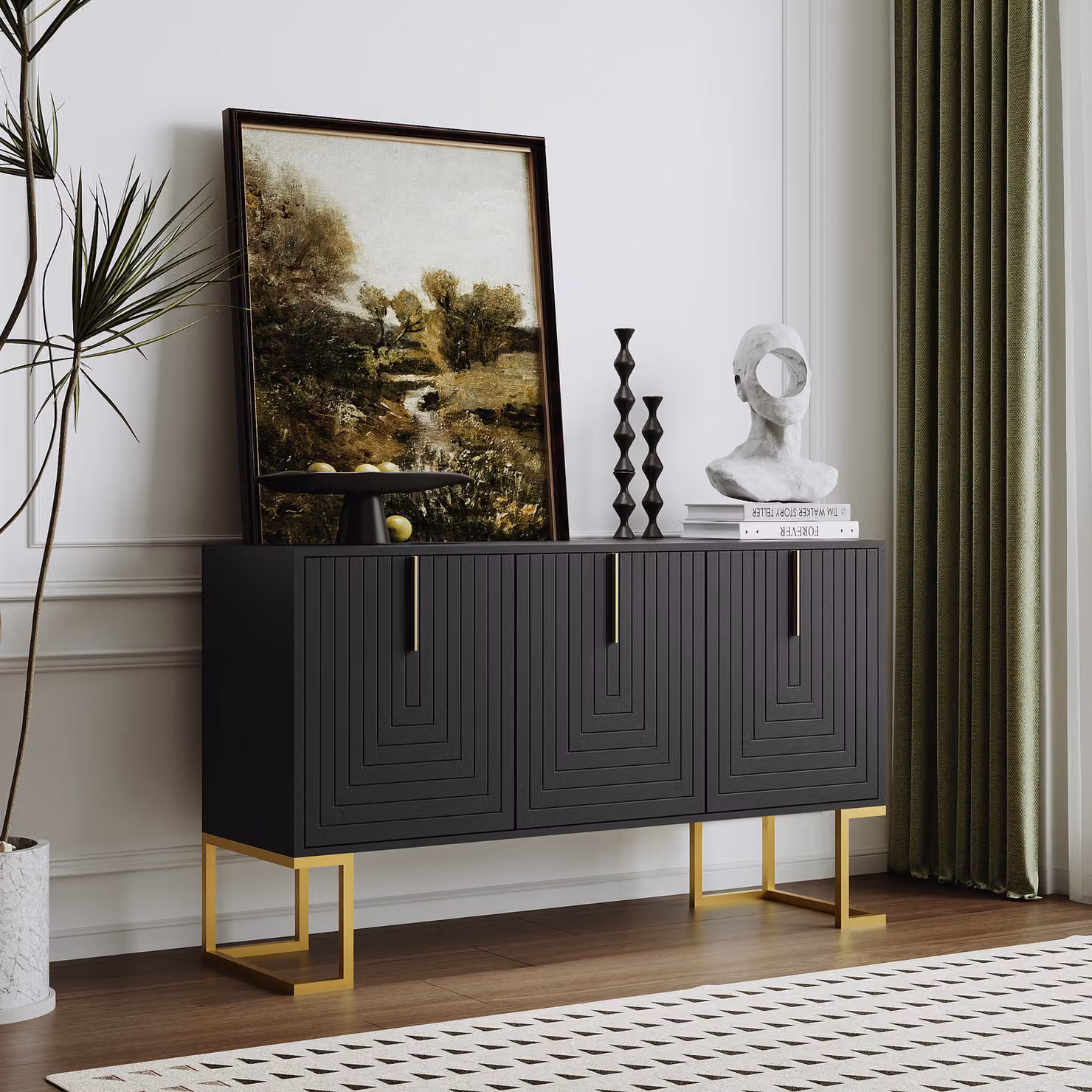MODFU Credenza moderna a 3 ante con ripiani regolabili, nera