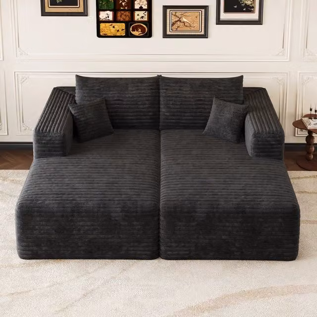 Divano chaise longue due posti 180 x 151 x 58 cm; modulare senza montaggio; velluto a coste nero