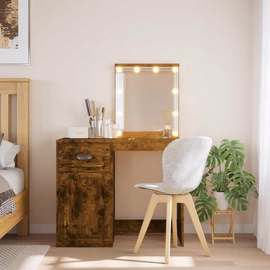 Toeletta con Luci LED vidaXL in Rovere Fumo, L: 90 cm, P: 42 cm, H: 132,5 cm