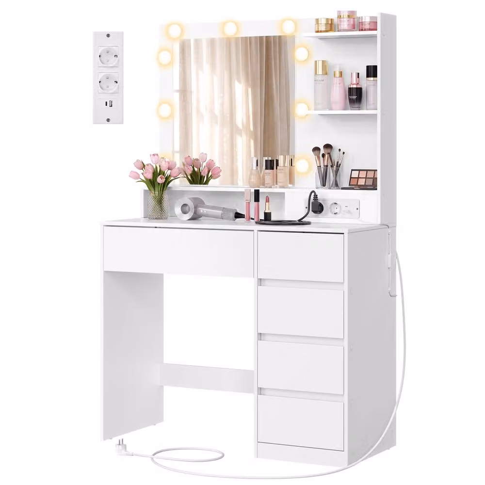 Toeletta con specchio LED e ampi cassetti organizzati, mobile con cassetti / 80 x 40 x 144 cm