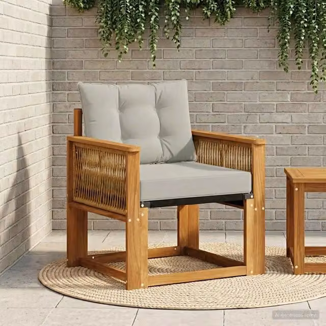 Divano da esterno moderno in legno di acacia massello con cuscini in tessuto marrone e grigio per giardino e terrazza – 1