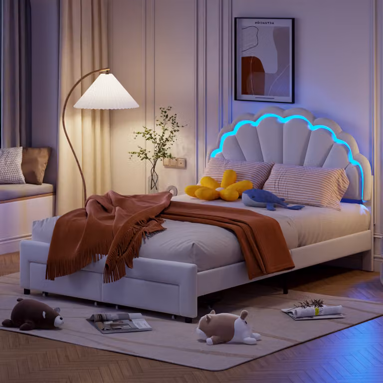 CDGlobal letto imbottito 140x200cm con prese, letto per ragazzi letto singolo con 2 cassetti, letto contenitore letto in legno massiccio con LED e rete a doghe