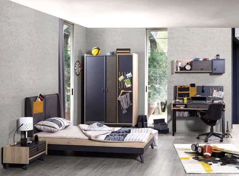 Set per camera da letto per ragazzi: letto, armadio, scrivania, libreria, colore grigio, design moderno