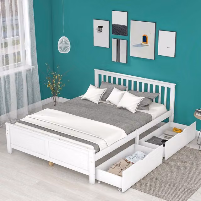 Letto in legno massiccio con cassetti Home Enjoy DE, Bianco, L/P: 140 x 200 cm – 1