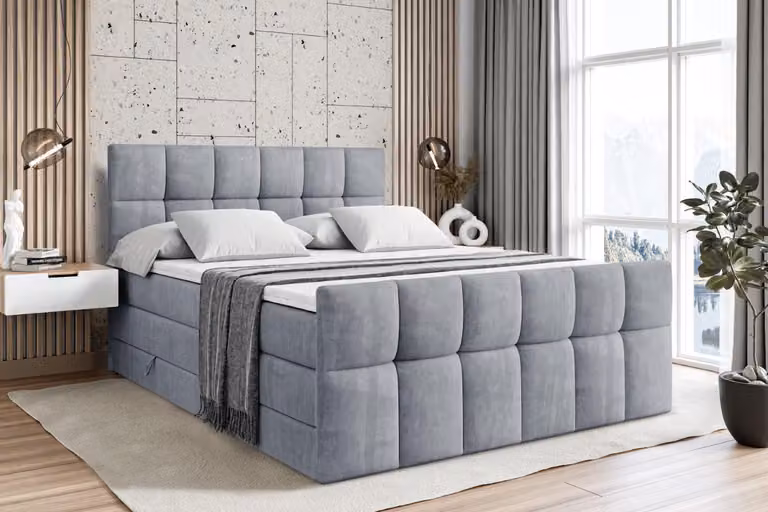 Letto boxspring ALTDECOR con materasso e rete a doghe - RICAR -Z KING - 200x200 cm - Grigio velluto - Coprimaterasso, pediera, letto imbottito con contenitore, letto con vano portaoggetti H3 e H4 - Materasso, letto matrimoniale, letto boxspring