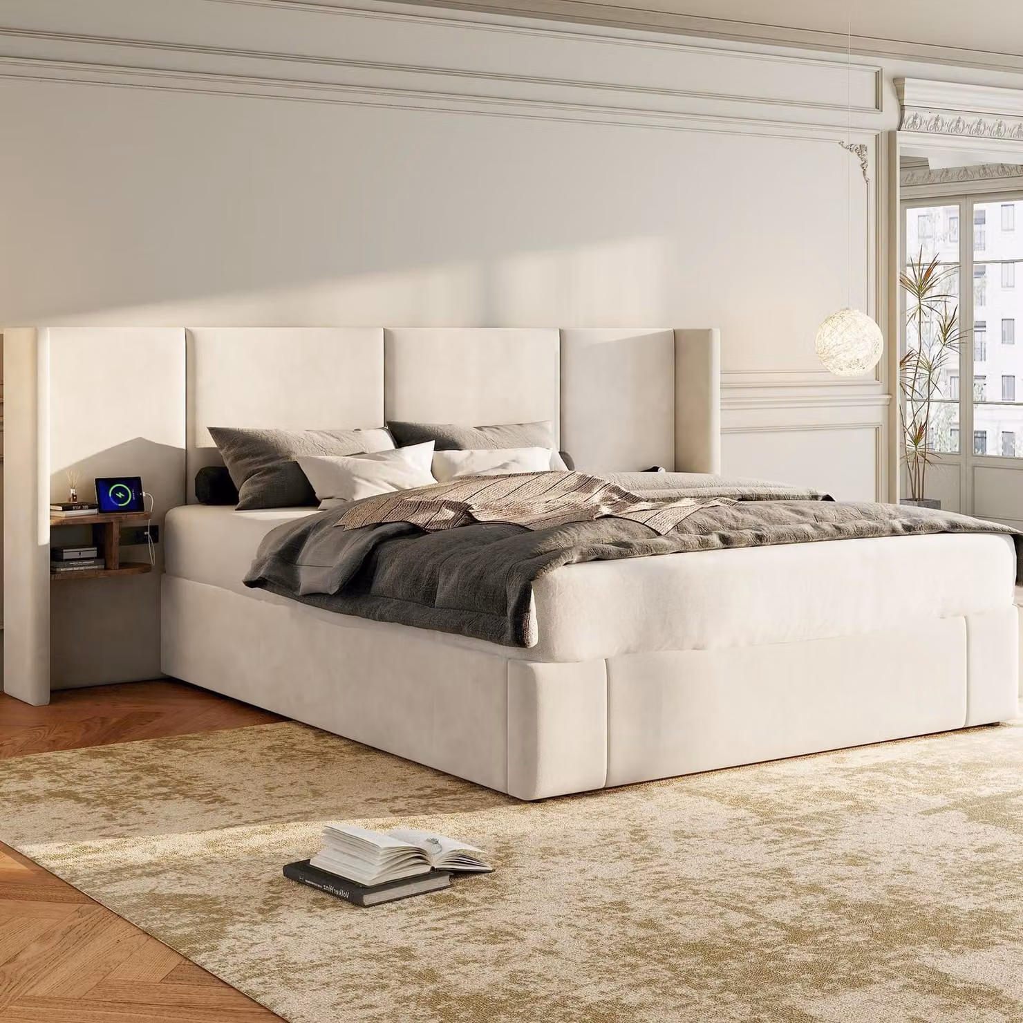 Letto imbottito 160 x 200 cm con rivestimento in velluto, contenitore e porta USB – Struttura del letto con 2 comodini, prese di corrente e doghe in legno, letto contenitore color beige