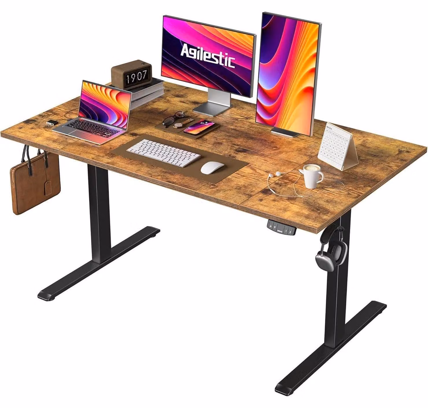 Scrivania elettrica, dimensioni 140 x 80 cm, colore marrone, con regolazione in altezza e funzione di memoria