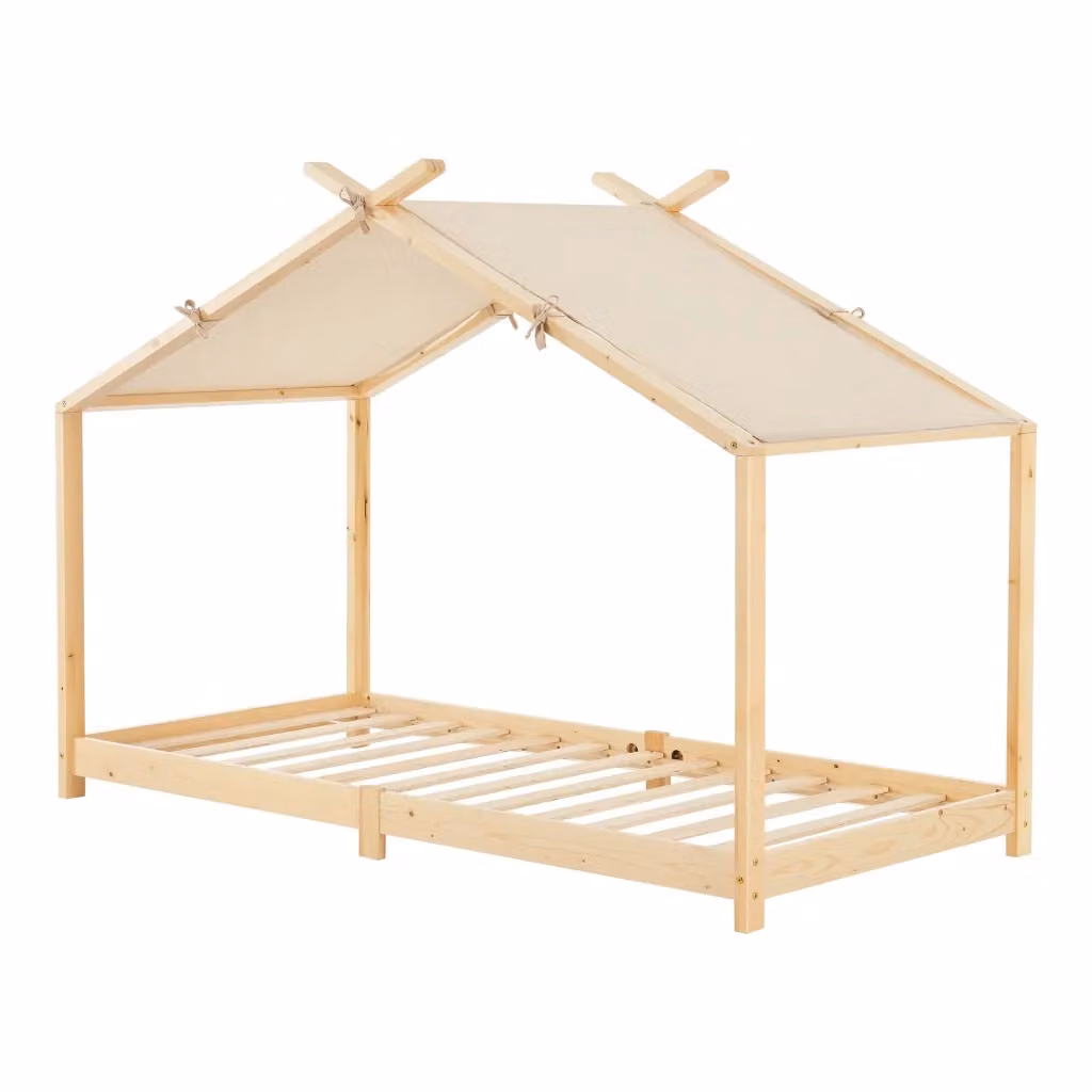 Letto Singolo Brome en.casa a Forma di Casetta in Legno di Pino Naturale per Cameretta Bambini L/P/H: 206 x 90 x 146 cm – 2